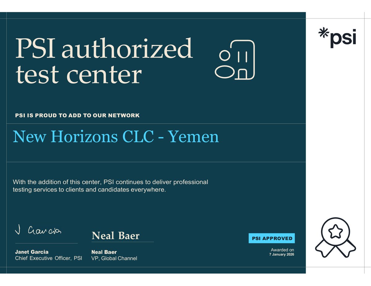 PSI Authorized Test Center certificate, New Horizons CLC, Yemen